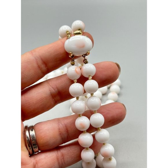 Signed TRIFARI Faux Angel Skin Coral Necklace Glass Beads Hand Knotted Strand - Picture 5 of 13